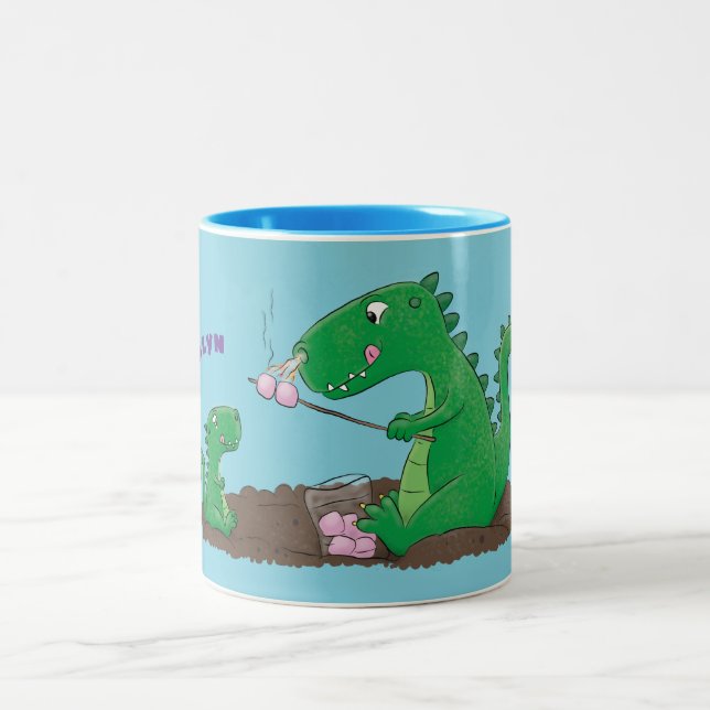 Niedliche Drachen braten Marshmallows Cartoon Zweifarbige Tasse (Mittel)