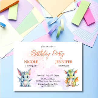 Niedliche Drachen Fairytale Kids Joint Geburtstag Einladung