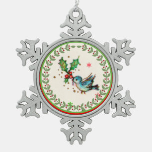 Niedliche Drossel mit grüner und roter Stechpalme Schneeflocken Zinn-Ornament