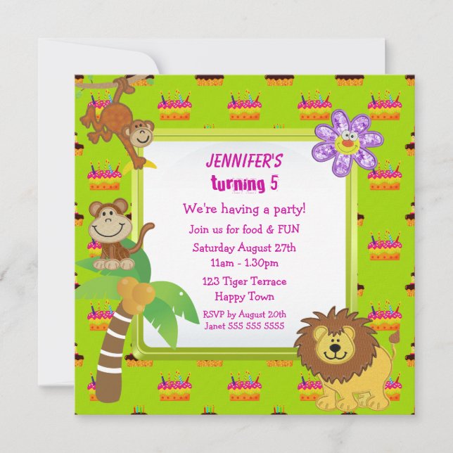 Niedliche Dschungel-Tiere u. rosa Einladung (Vorderseite)