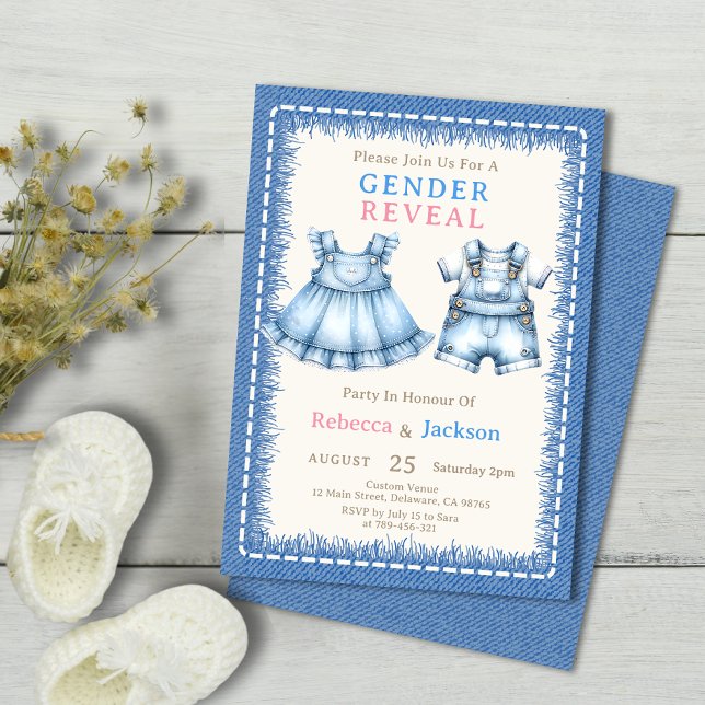 Niedliche Dungarees Dress & Dungarees Gender Revea Einladung (Cute Baby Denim Dress & Dungarees Gender Reveal Invitation)