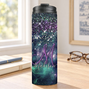Niedliche dunkelgrüne Imitate Glitzer Monogramm Thermosbecher