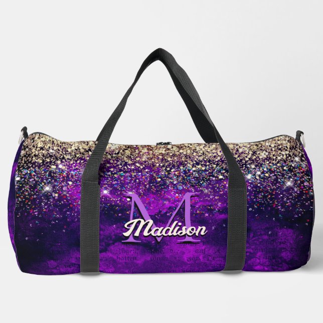 Niedliche dunkle lila Imitat Glitzer Monogramm Duffle Bag (Vorderseite)