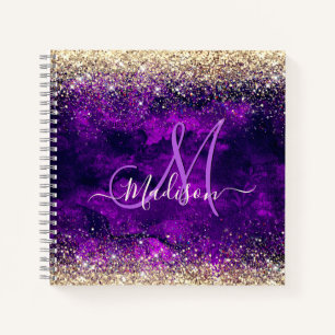 Niedliche dunkle lila Imitat Glitzer Monogramm Notizbuch