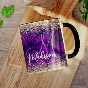 Niedliche dunkle lila Imitat Glitzer Monogramm Tasse