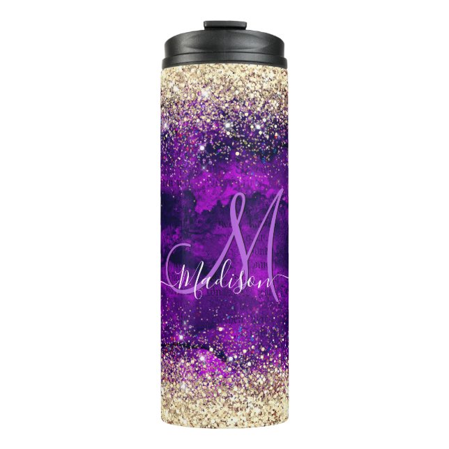 Niedliche dunkle lila Imitat Glitzer Monogramm Thermosbecher (Vorderseite)
