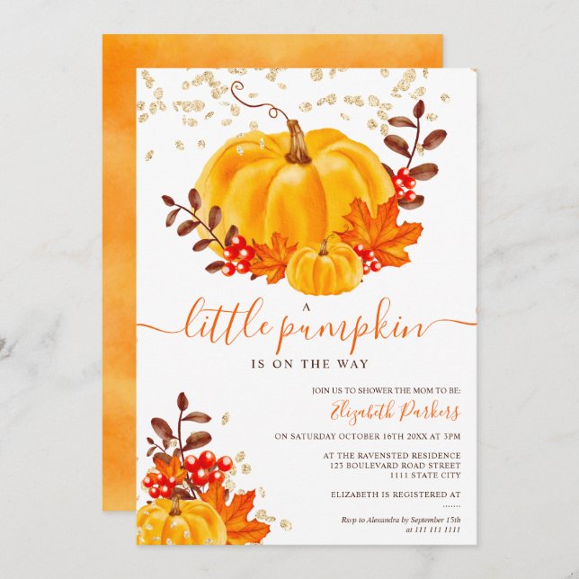 Niedliche Dusche aus Goldkürbis Einladung (Vorne/Hinten)