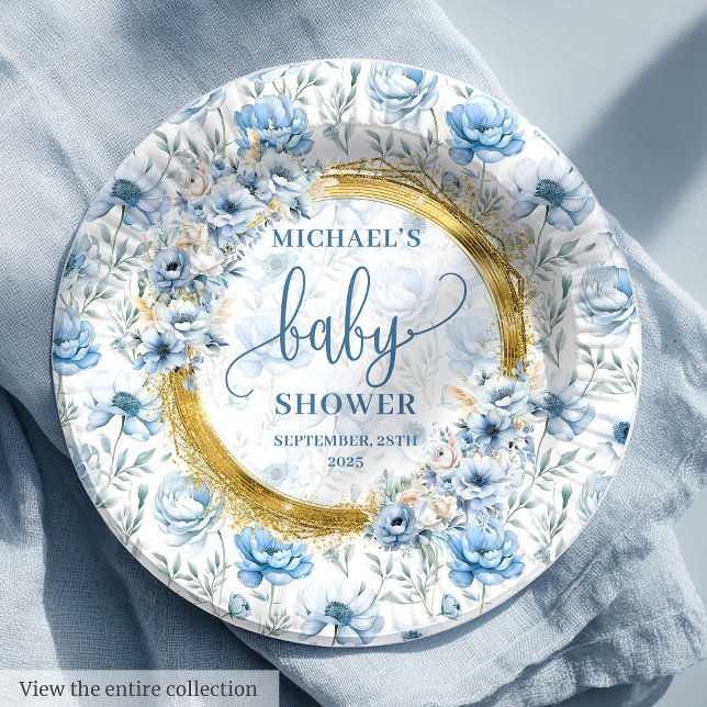 Niedliche Dusche mit blauen Aquarellfarben Blume G Pappteller (Cute dusty blue watercolor flower gold baby shower Paper Plates)