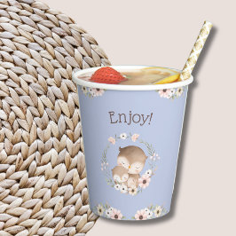 Niedliche Dusty Blue Floral Woodland Owl Babydusch Pappbecher