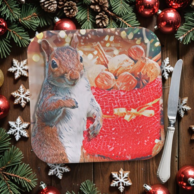 Niedliche Eichhörnchen-Weihnachtskerne Pappteller (Look out! If your Christmas plates include nuts of any kind, this squirrel may ask for one (or all)!)