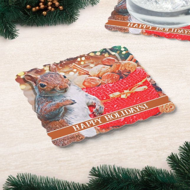 Niedliche Eichhörnchen-Weihnachtskerne Untersetzer (Paper coasters for your holiday party feature a cute squirrel and customizable message.)