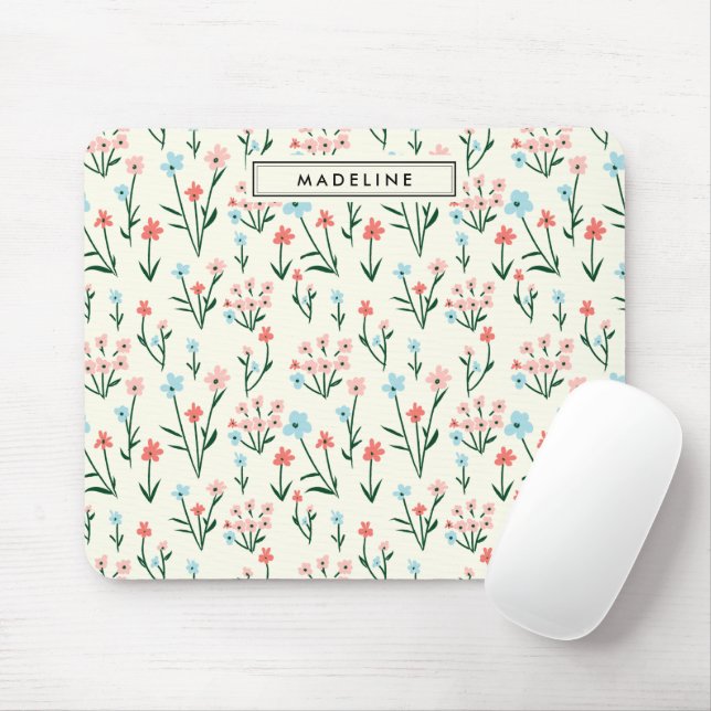 Niedliche einfache botanische Rosa Blauer Blume Mousepad (Mit Mouse)