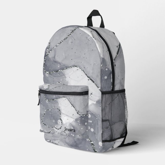 Niedliche einfache minimalistische Silber und Schw Bedruckter Rucksack (Rückseitige Ecke Rechts)