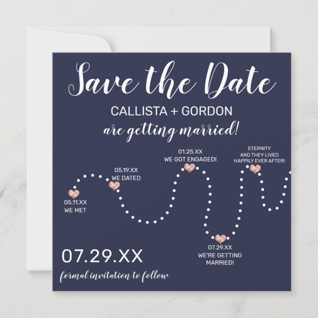 Niedliche Einfache Rose Gold Navy Blue Timeline Ho Save The Date (Vorderseite)