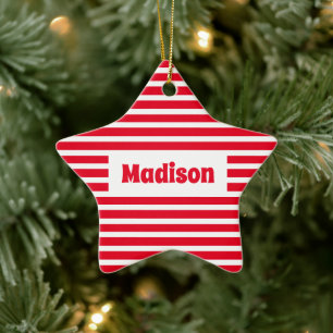 Niedliche einfache Streifen Rot und Weiß Name Star Keramik Ornament