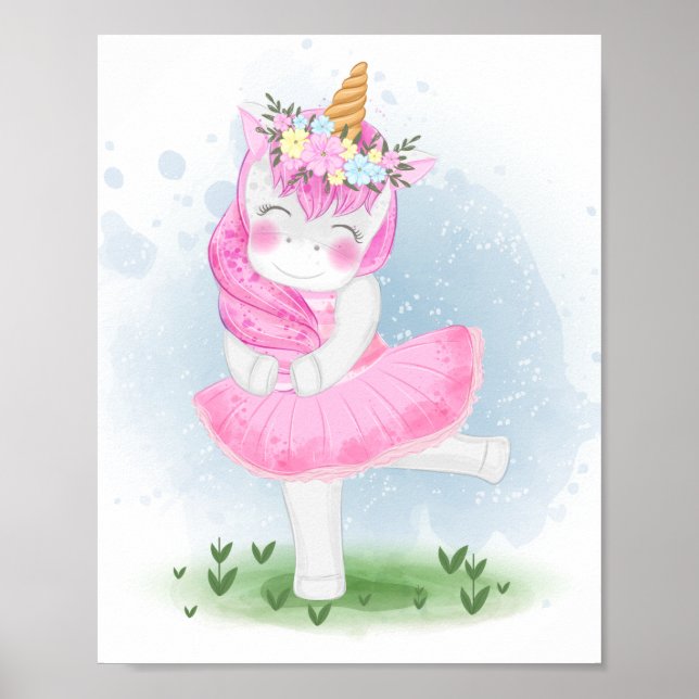 Niedliche Einhorn Ballerina mit Blume Krone Poster (Vorne)