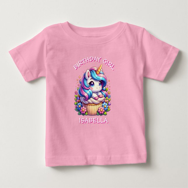 Niedliche Einhorn & Cupcake Personalisiert Geburts Baby T-shirt (Vorderseite)