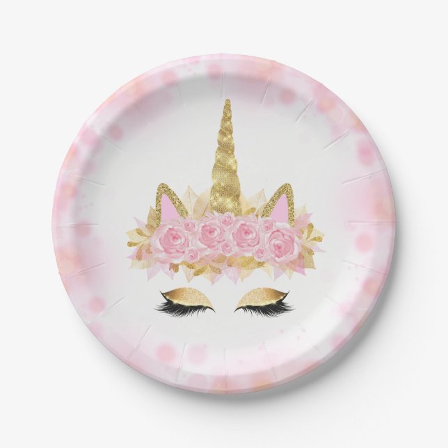 Niedliche Einhorn-Face-Pink-Gold-Paper-Teller Pappteller (Vorderseite)