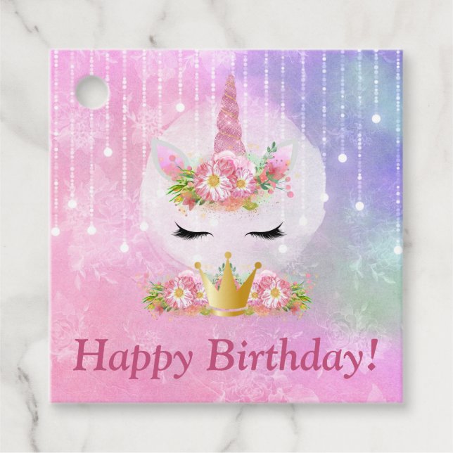 Niedliche Einhorn Gesicht Rosa Blume Glücklich Geb Geschenkanhänger (Vorderseite)