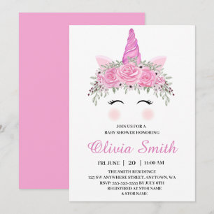 Niedliche Einhorn-Girl-Babydusche mit rosa Namen Einladung