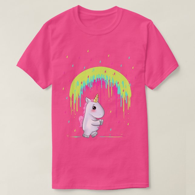 Niedliche Einhorn-Holding Regenbogen Schirmherrsch T-Shirt (Design vorne)