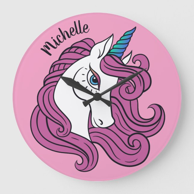 Niedliche Einhorn-individuelle Name- und Farbwandu Große Wanduhr (Vorderseite)