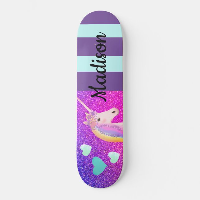 Niedliche Einhorn Lila Glitzer Girls Personalisier Skateboard (Vorderseite)