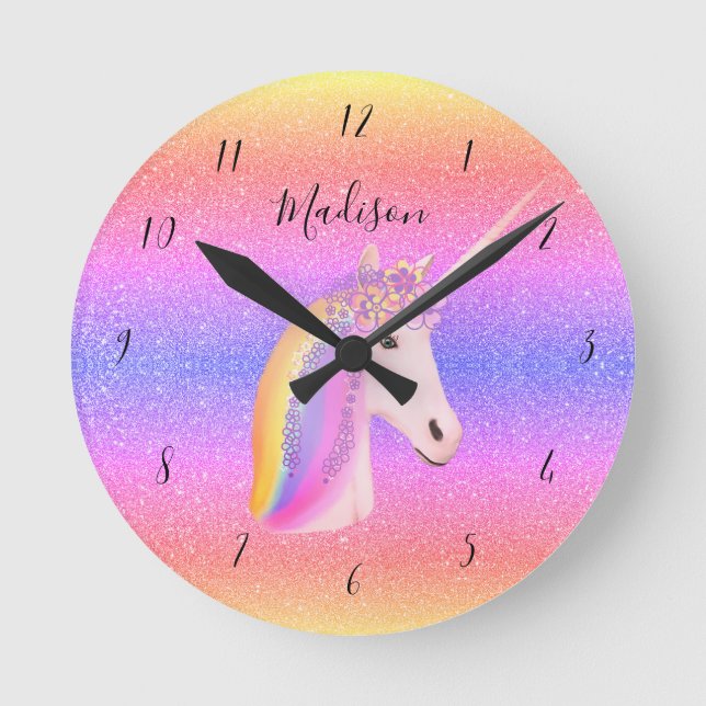 Niedliche Einhorn Regenbogen Glitzer Girls Persona Runde Wanduhr (Vorderseite)