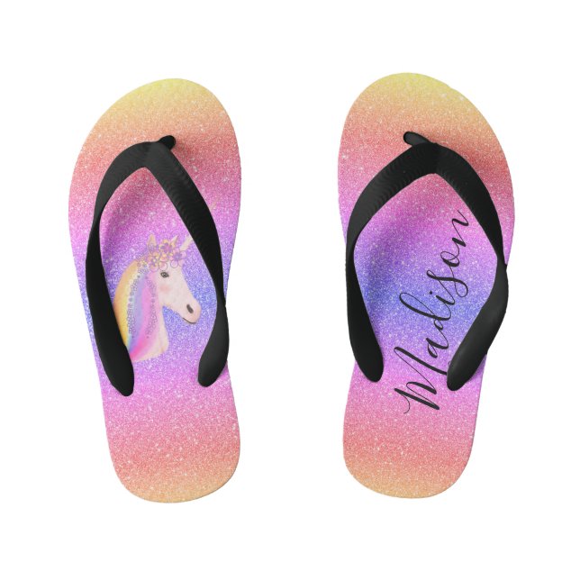 Niedliche Einhorn-Regenbogen-Imitate Glitzer Perso Kinderbadesandalen (Fußbett)