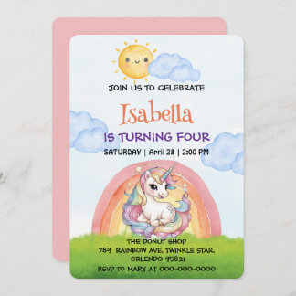 Niedliche Einhorn Regenbogensonne Himmel Geburtsta Einladung