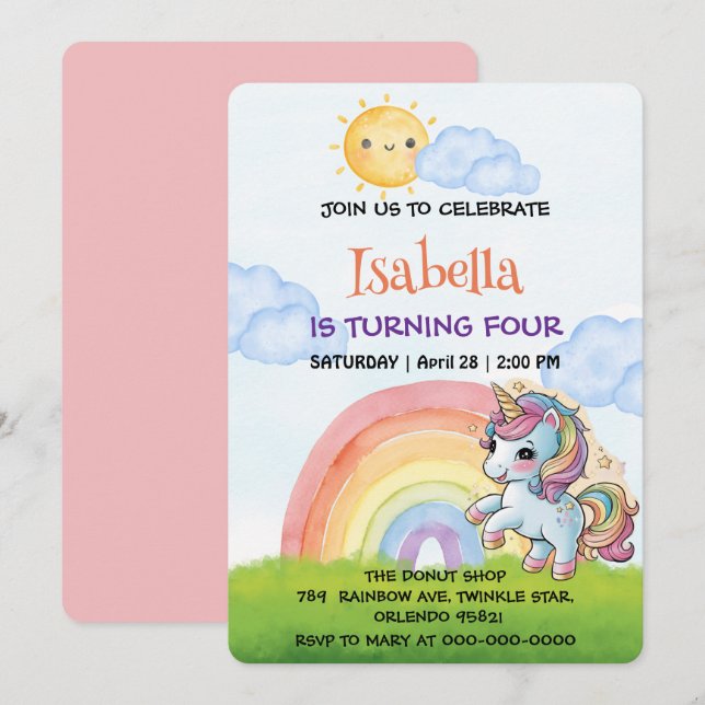 Niedliche Einhorn Regenbogensonne Himmel Geburtsta Einladung (Vorne/Hinten)