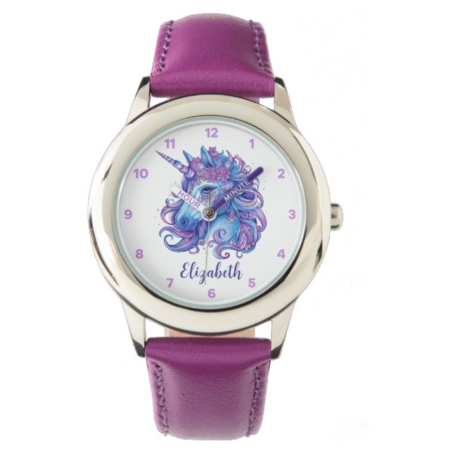 Niedliche Einhorn-Rosa- und Lila Illustration Armbanduhr (Vorderseite)