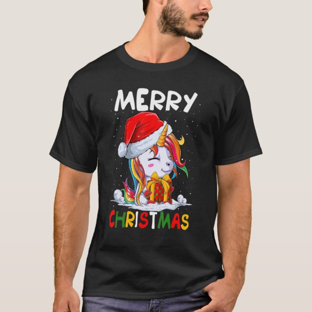 Niedliche Einhorn-Weihnachtsmannmütze Frohe Weihna T-Shirt (Vorderseite)