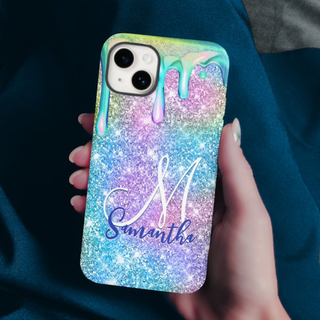 Niedliche Einhornblauer Rosa Glitzer Tropfen Monog Case-Mate iPhone Hülle (Von Creator hochgeladen)