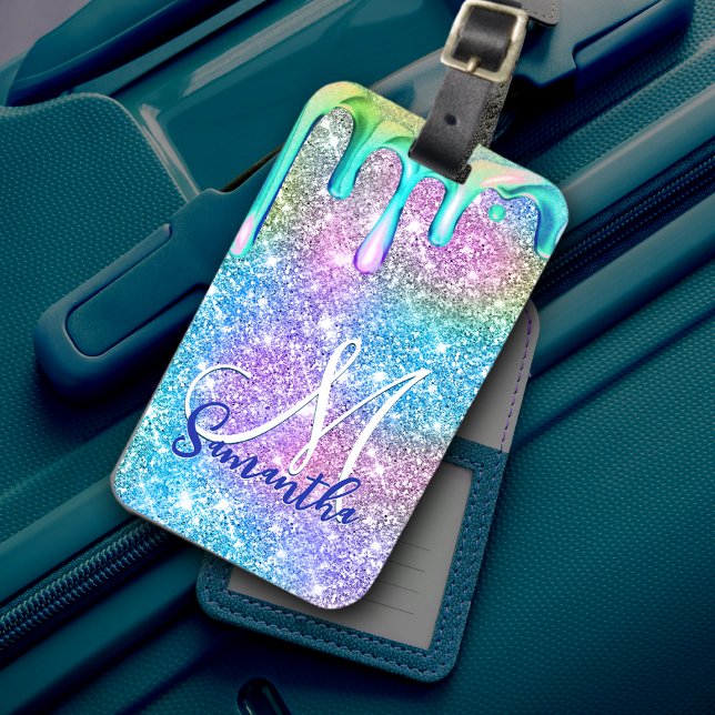 Niedliche Einhornblauer Rosa Glitzer Tropfen Monog Gepäckanhänger (Von Creator hochgeladen)