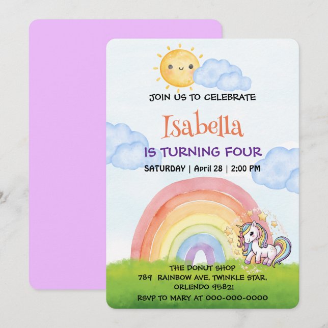 Niedliche einhornige Regenbogensonne Himmel Geburt Einladung (Vorne/Hinten)