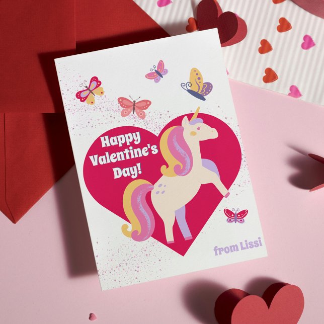Niedliche Einhornschmetterlinge Glücklicher Valent Mitteilungskarte (Cute Unicorn Butterflies Happy Valentine's Day Classroom Card
)