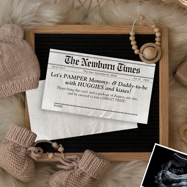 Niedliche Einsteckkarte für den Papierkorb der Pap Begleitkarte (Cute The Newborn Times newspaper Couple's baby shower invite diaper raffle puns ticket insert card )