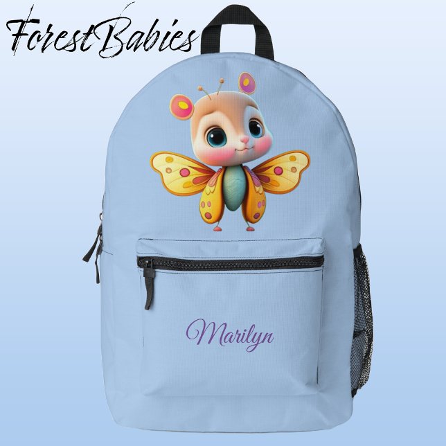 Niedliche, einzigartige Confident Girl Butterfly G Bedruckter Rucksack (Butterfly, Blue Customizable ForestBabies Backpack - Front)