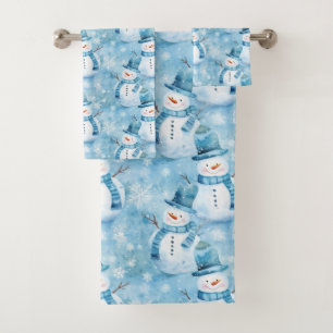 Niedliche Eisblauer Schneemann und Schneeflocken Badhandtuch Set