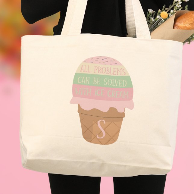 Niedliche Eiscreme Mit Monogramm Jumbo Tote Bag Stoffbeutel (All problems can be solved with ice cream. Just add your initial to this cute summer tote bag)