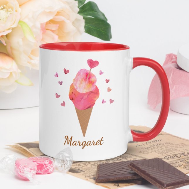 Niedliche Eiscreme Valentinherz HandIllustriert Tasse (This ice cream mug features my own original cut paper art of a sugar cone surrounded by hearts.)
