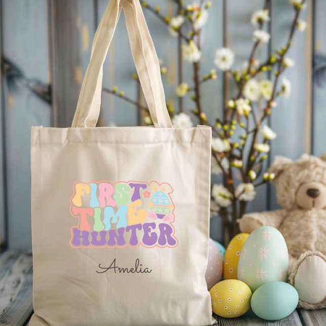 Niedliche Eizelljagd zum ersten Mal Jäger Tragetasche (Cute First Time Hunter 1st Easter Egg Hunt Tote Bag, Bunny Ears, Retro Pastel Personalized, Colorful)