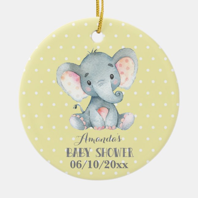 Niedliche Elefant Babydusche Gelb und Grau Keramik Ornament (Vorne)