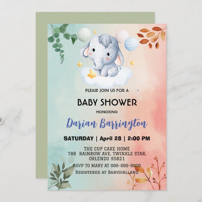 Niedliche Elefant Cam Blume Babydusche Jungs Einladung (Vorne/Hinten)