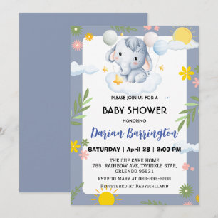 Niedliche Elefant Cam Blume Babydusche Jungs Einladung