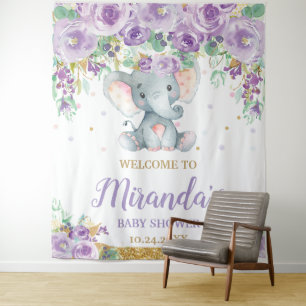 Niedliche Elefant Lila Floral Baby Dusche Willkomm Wandteppich
