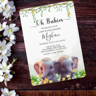 Niedliche Elefant Twins Baby Dusche Blumengrün Einladung