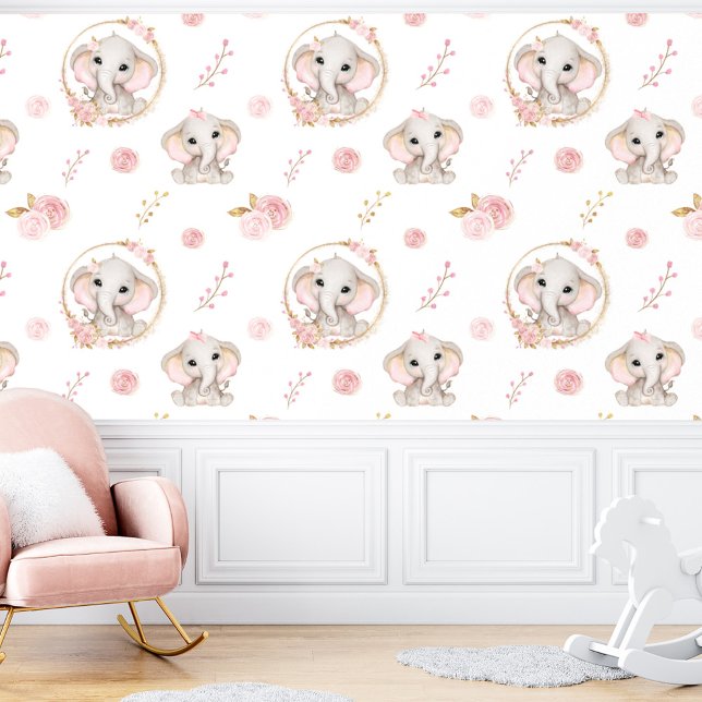 Niedliche Elefant White Pink Floral Girl Tapete (Cute Elephant White Pink Floral Girl Wallpaper)