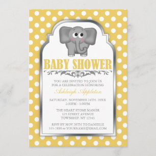 Niedliche Elefant Yellow Polka Dot Baby Dusche Einladung